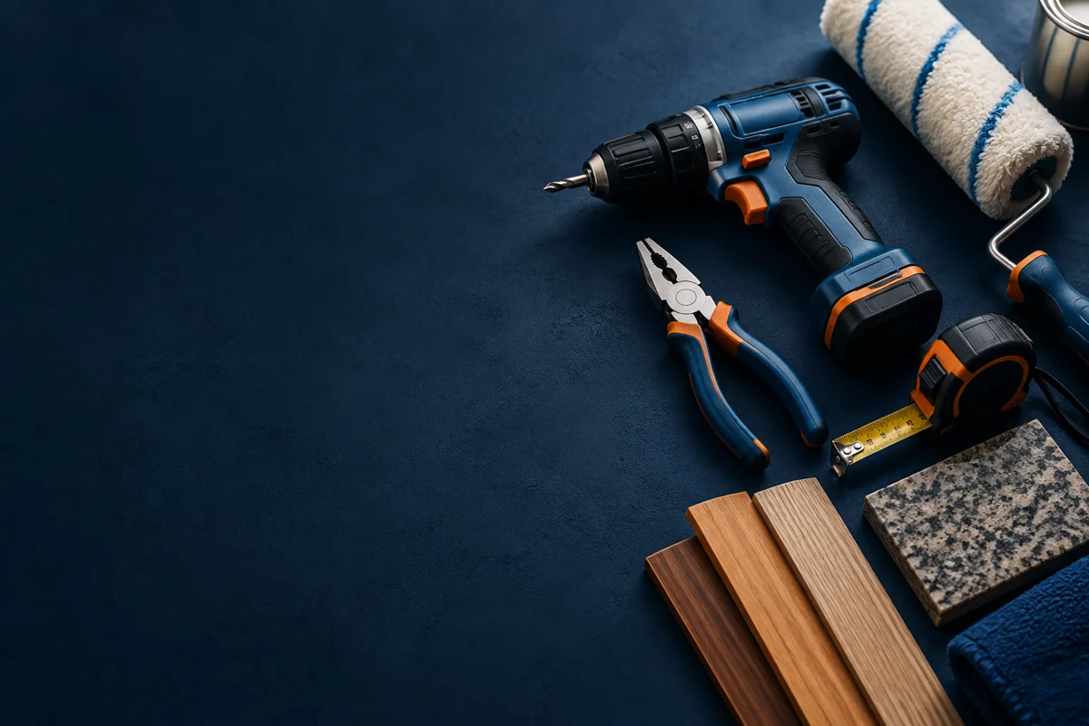 Herramientas y materiales de mantenimiento en una composición decorativa azul y naranja